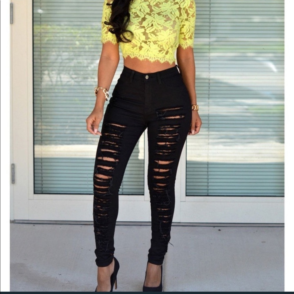 New High Waisted Skinny Shredded Look Pants NWT